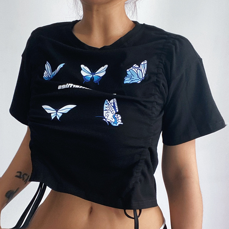 Butterfly Print Double Straps Round Neck Short Sleeve Cropped T-Shirt NSGYB111778