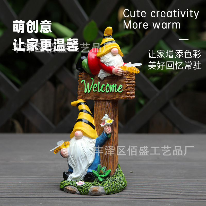 Decoración de patio transfronterizo lámpara solar Elf bienvenido tarjeta enana hongos resina artesanía goblin ornamentos