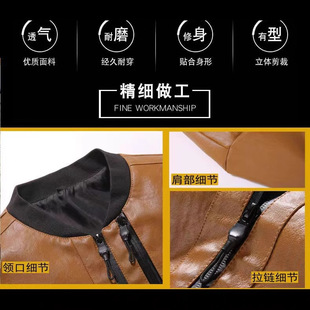 Source Factory Men's Fleece-Lined Baseball Collar Pu Leather Jacket Trendy Versatile Motorcycle Jacket Soft Leather Coat Korean Style