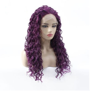 Pelucas europeas y americanas, pelucas de fibra química para mujer, moda pequeña curva, morado, pelo largo y rizado, capucha de encaje frontal LW0310