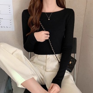 Women's Sweater for Autumn and Winter, New Versatile Slim Fit Long Sleeve Knit Top, Stylish Off-Shoulder Base Shirt