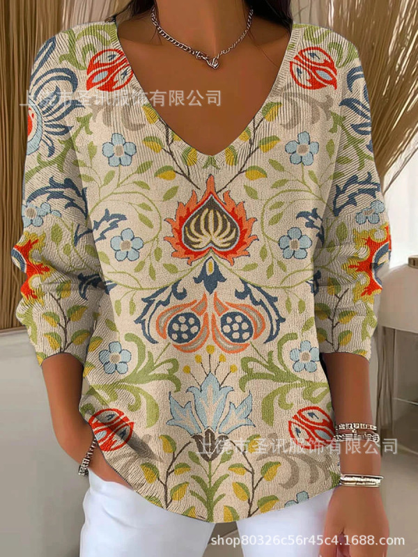 欧美跨境独立站新款3D印花女士时尚渐变色V领长袖T恤上衣|undefined
