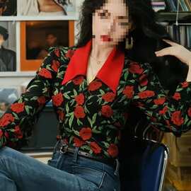 港风复古气质玫瑰印花长袖衬衫女法式高腰系带修身衬衣短款上衣女