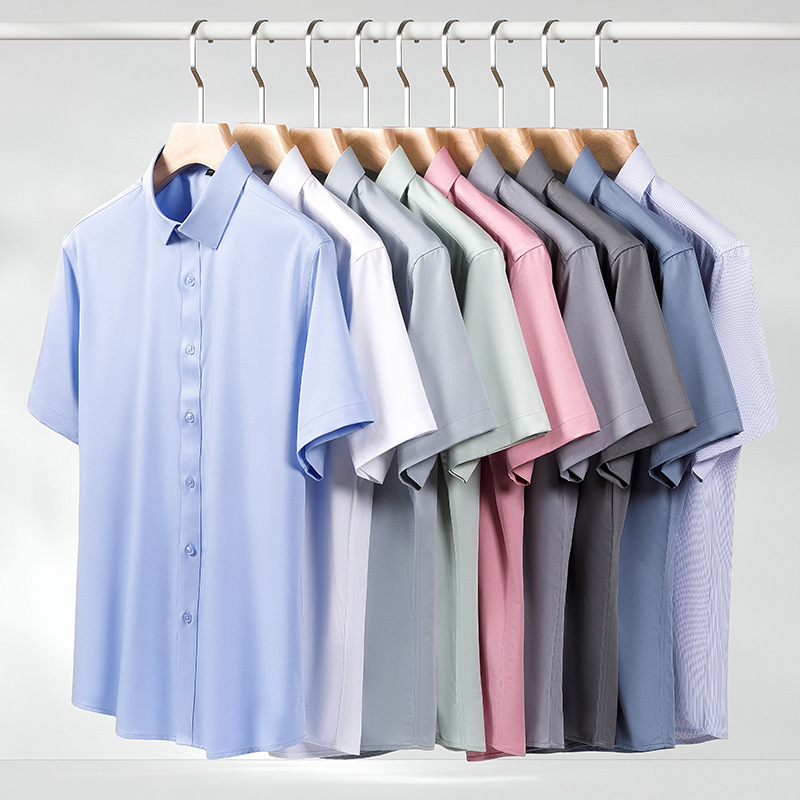 New lightweight mulberry silk and bamboo fiber short-sleeved shirt for men, business casual, solid color, unisex style, white.