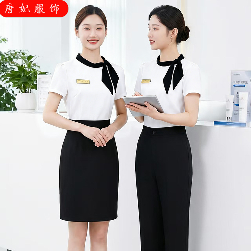 Beauty Salon Work Clothes for Female Medical Beauticians, Front Desk Summer Short-Sleeved Tops, Three-Quarter Sleeve Reception Work Clothes, Work Uniforms