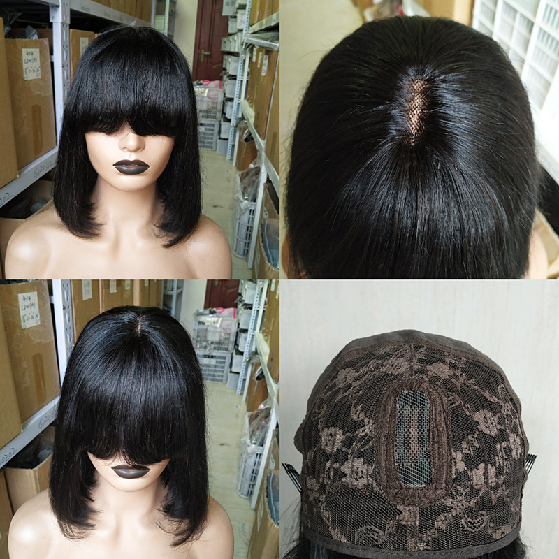 Cross-border real human hair simulation fake scalp straight bangs wave head 2x1 lace bob wig fringe wigs