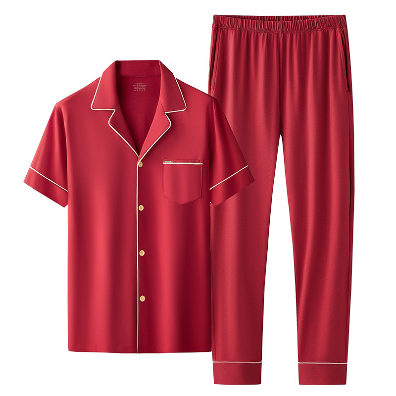 Nuevo conjunto de ropa de estar en casa de manga corta con cárdigan rojo de boda para parejas, de algodón modal, de 60 unidades, transfronterizo, en stock.