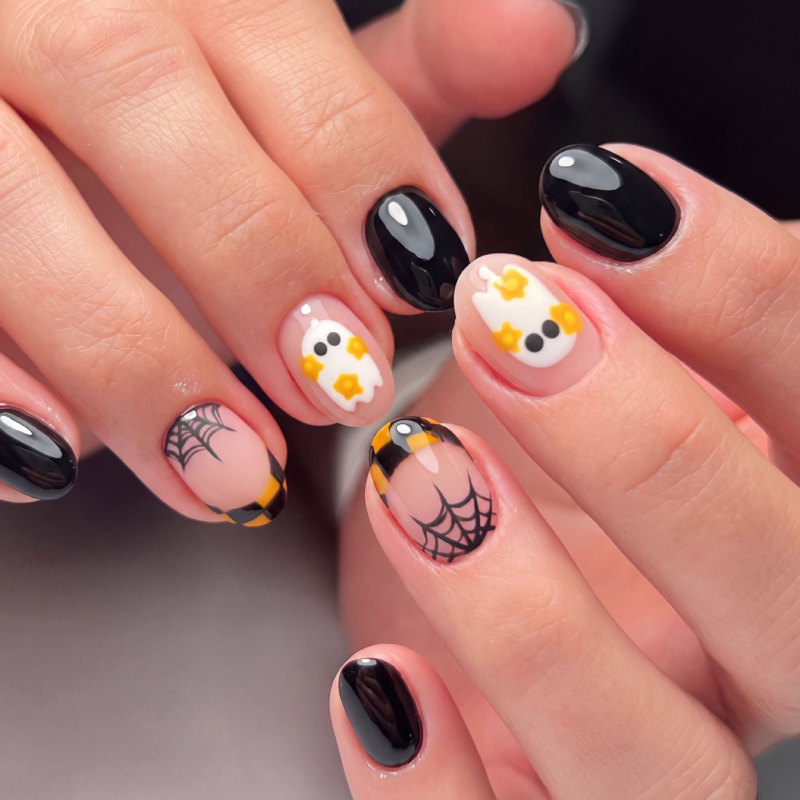 X-0163 Simple Sweet Cool Halloween Style Finished Wearable Nails Cartoon Little Ghost Spider Web Yellow and Black Checkered Manicure X-0163 Simple Sweet Cool Halloween Style Finished Wearable Nails Cartoon Little Ghost Spider Web Yellow and Black Checkered Manicure