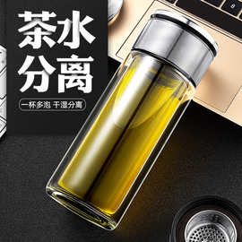高硼硅双层玻璃茶杯带盖滤网茶水分离耐高温防烫隔热可定制logo