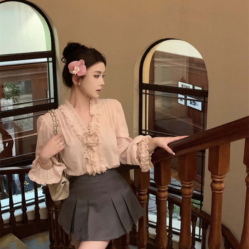 【月野花笺】法式木耳花边天丝玫瑰衬衫女设计感宽松垂感上衣|undefined