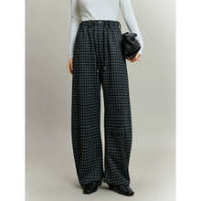 四媛 加绒保暖复古格子弯刀裤立裁抽绳松紧腰宽松休闲裤秋冬1110