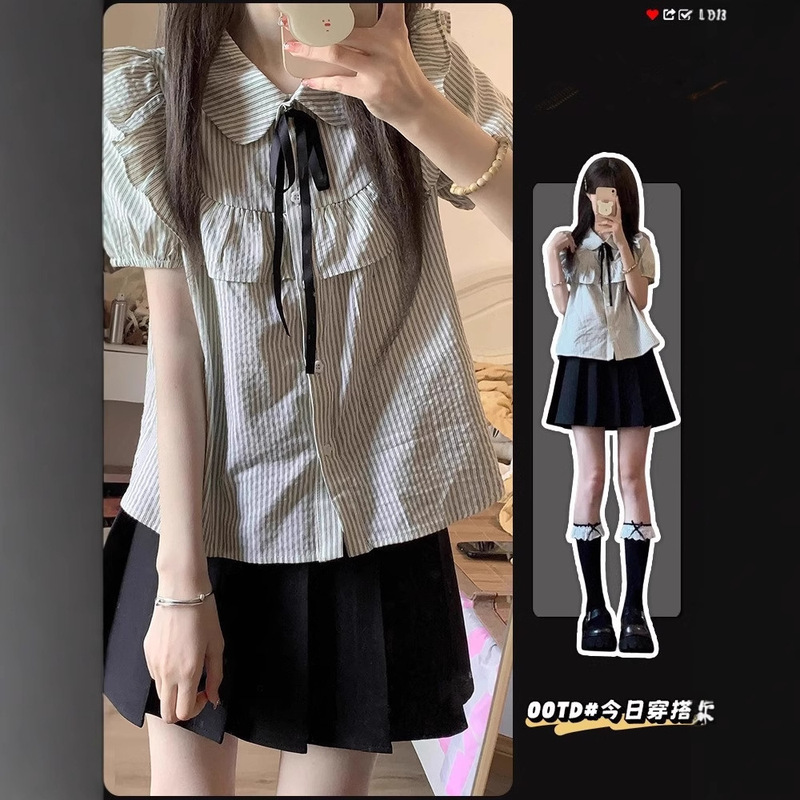 カレッジスタイルストライプレースパフスリーブシャツ女性初秋甘いデザイン小柄な人痩身ショートトップ|undefined