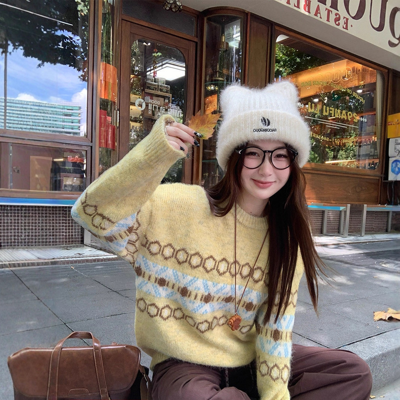 Fair Isle Sweater Autumn and Winter Women's Lazy High-End Outerwear Yellow Sweater Korean Style Loose Top