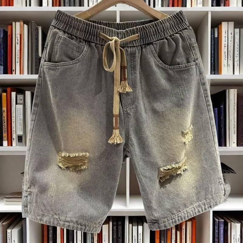 American High Street Ripped Denim Shorts for Men, Loose Straight Washed Distressed Trendy Versatile Sports Casual Knee-Length Shorts