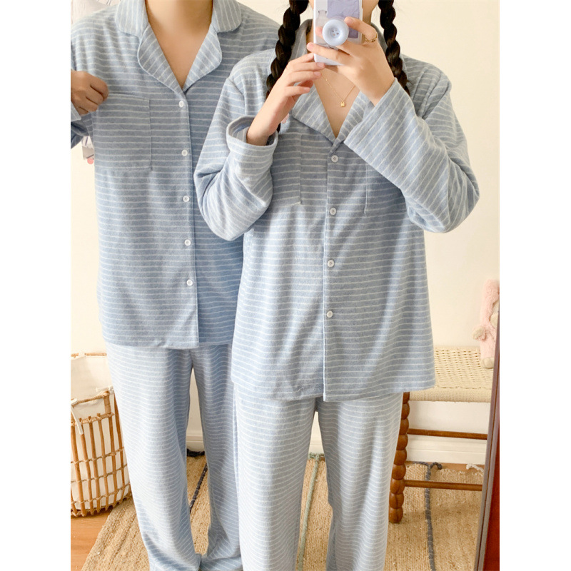 跨境专供外贸秋季新款情侣睡衣女韩系条纹毛巾布简约家居服套装女