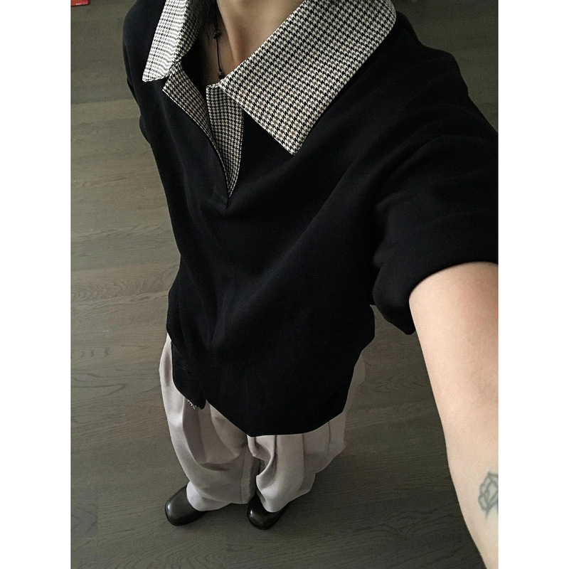千鸟格拼接短袖polo衫男款夏季美式高街翻领t恤cleanfit正肩半袖|undefined