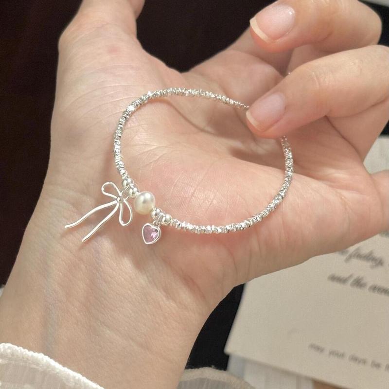 碎银子蝴蝶结手链女粉色爱心珍珠简约百搭手饰品小红书同款甜美|undefined
