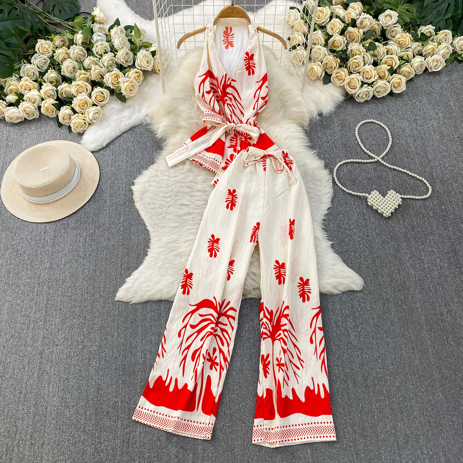French-Inspired Sleeveless Top & High-Waisted Wide-Leg Pants Two-Piece Set, Floral Print Casual Outfit_ecoleips.com
