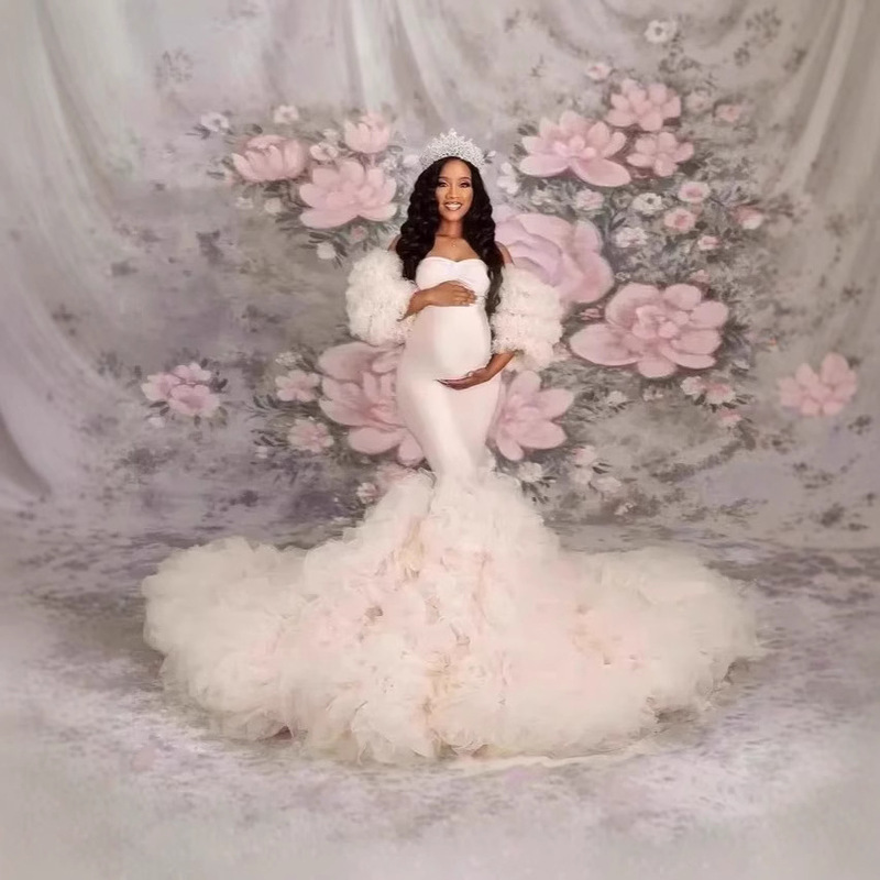 AliExpress Amazon Hot New Soft Mesh Pregnant Women's Gauze Skirt Stretch Fishtail Photo Photo Big Belly Evening Dress