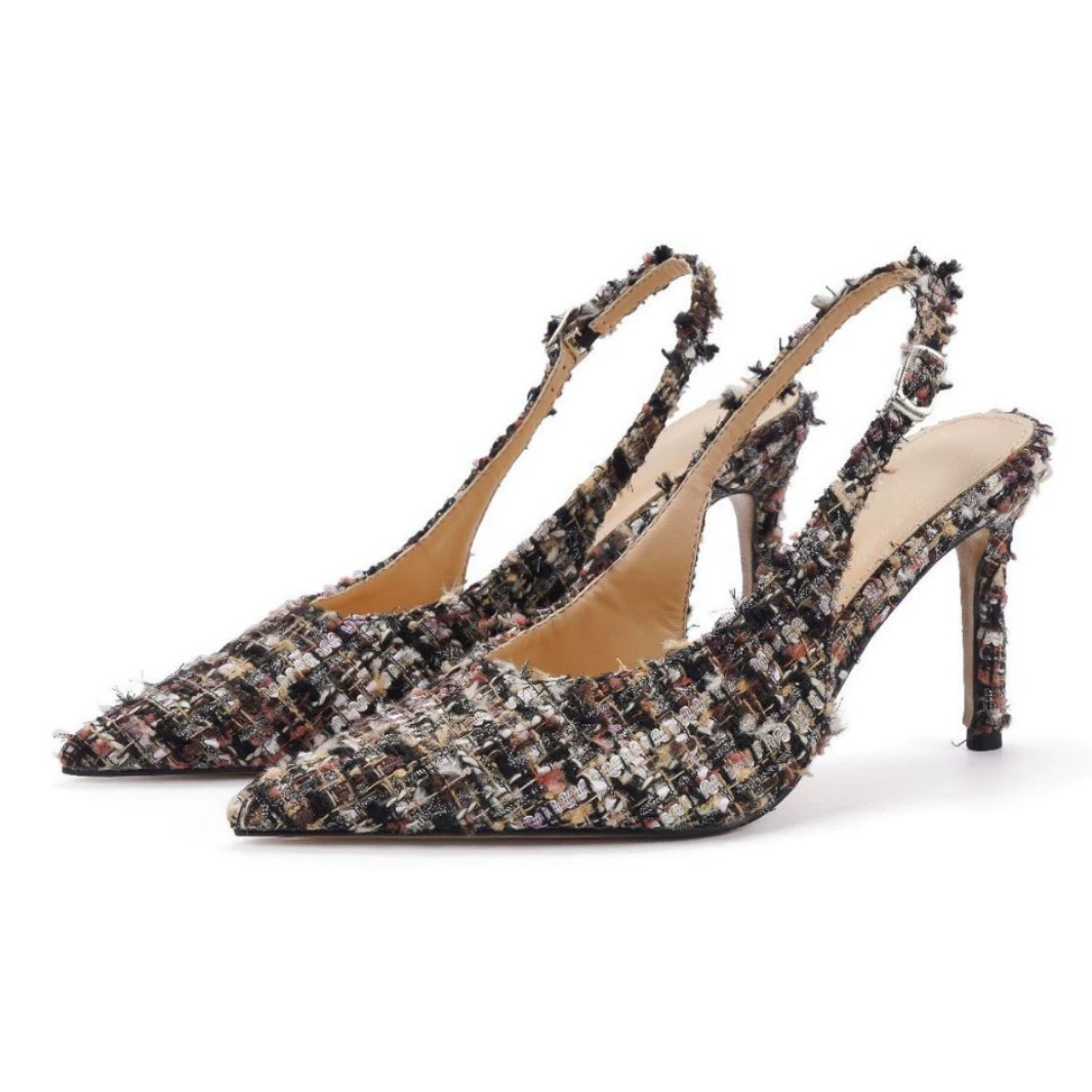 Женские босоножки в стиле Chanel с острым носком, открытой пяткой, новая модель 2025 года, на тонком каблуке, с подкладкой из овчины, на резиновой подошве, весенне-осенний стиль.