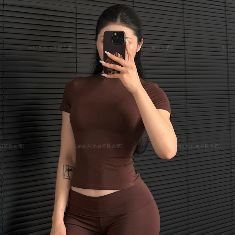 Latte Girl Short-Sleeved Milk Leather T-Shirt Fitness Training Wear Modal Fabric Round Neck High Elasticity Solid Color Versatile