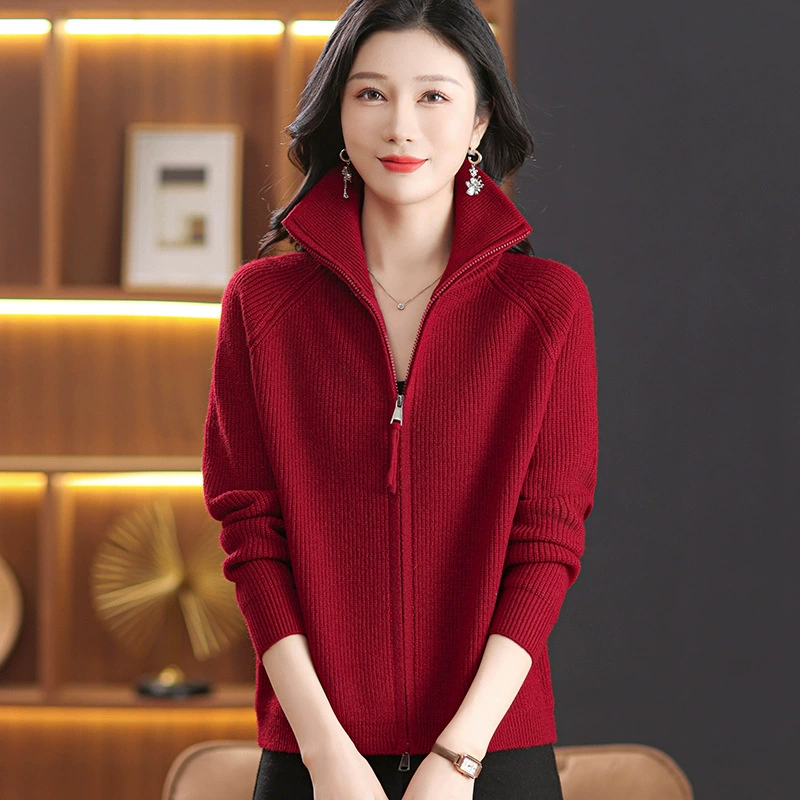 24 новый свитер с отворотом свитер женский осенний и зимний нижний свитер двойная молния премиум-класса сплошной цвет дикий кардиган куртка