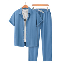 跨境亚马逊四季男士两件套纯色短袖衬衫长裤休闲运动户外衬衣套装