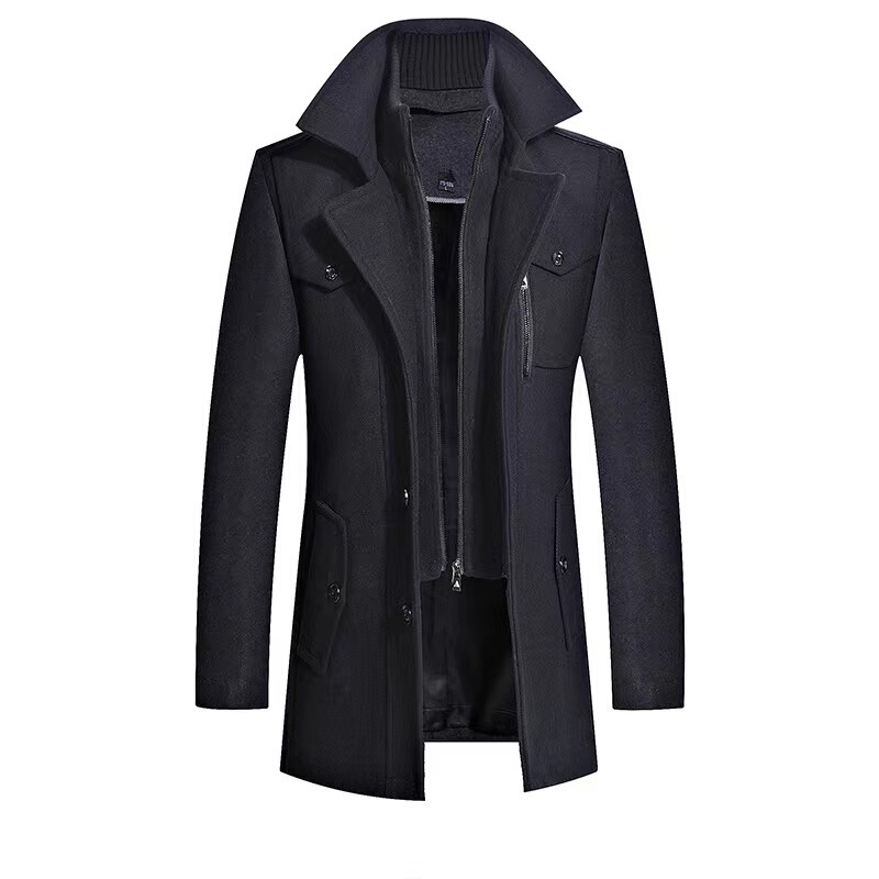 Cross-border European style vertical zipper autumn and winter double collar woolen coat men's thickened plus size trench coat men's woolen coat