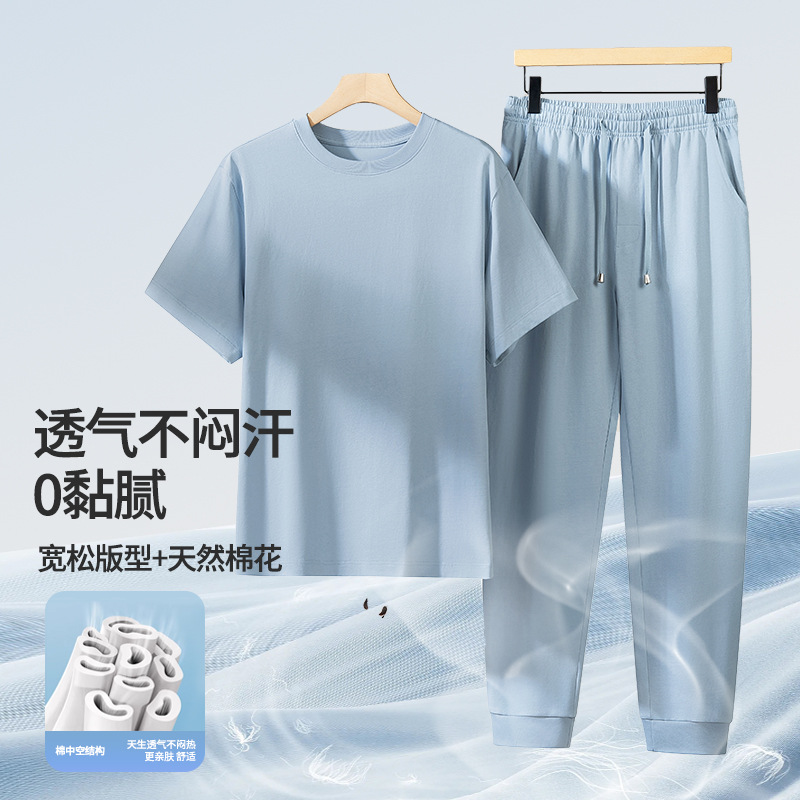 [Algodón suave de agua] Nuevo estilo de primavera y verano, traje de pijama de algodón, ropa de hogar de manga corta deportiva y casual para hombres