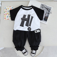 婴儿衣服夏季薄款纯棉插肩短袖T恤套装分体6-9个月1岁2男宝宝夏装