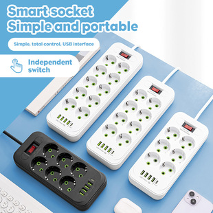 European Standard Power Strip for Home Use 2M/3M/5M with USB 4 Ports + Type-C 1 Single Switch Multi-Socket Power Strip with Switch