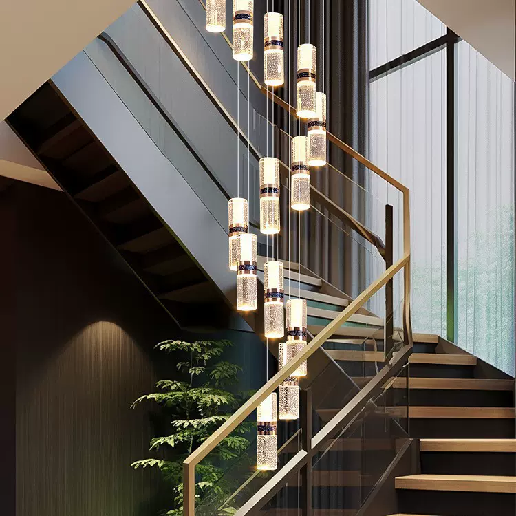现代轻奢别墅旋转楼梯灯竹节水晶长吊灯loft复式楼中空客厅灯