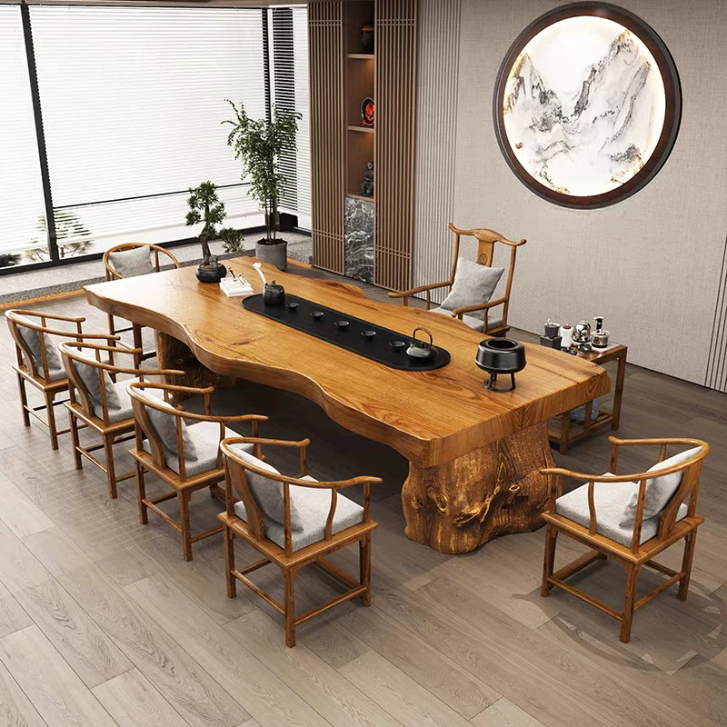 Большой чайный столик, чайный набор, новый китайский стиль, офисный чайный столик и стулья из цельного дерева, чайный столик из цельного дерева с натуральной кромкой, набор чайных сидений