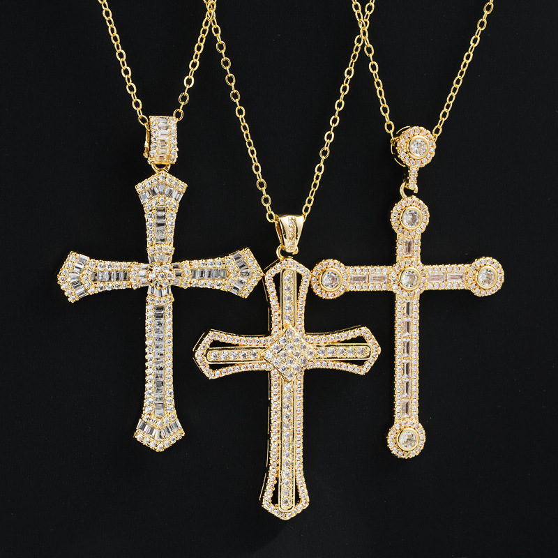 Mode Kupfer Gold-überzogene Micro Intarsien Zirkon Anhänger Kreuz Halskette display picture 2