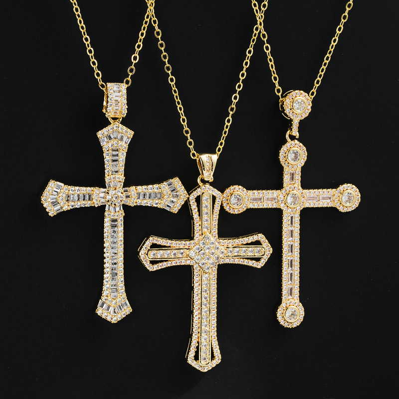 Fashion Copper Gold-Plated Micro Inlaid Zircon Pendant Cross Necklace