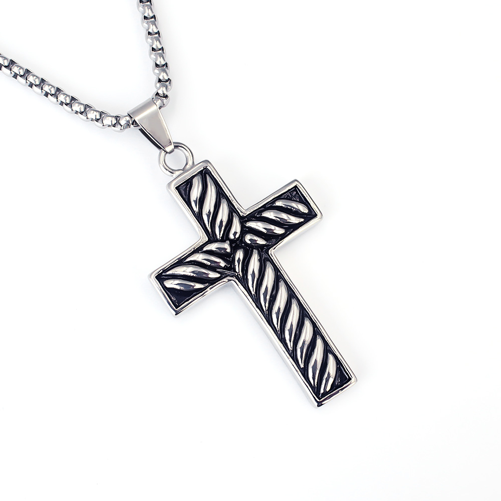 Edelstahl Anhänger Halskette Mit Gestreiftem Kreuz Für Damen_voghion.com