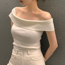 韩国chic夏季气质小性感一字领露肩修身显瘦条纹短袖针织衫白色薄