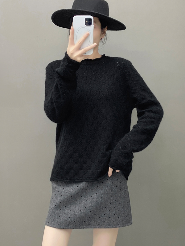 软糯白月光~欧洲站重工秋冬山羊绒女圆领毛衣宽松镂空羊毛针织衫|undefined
