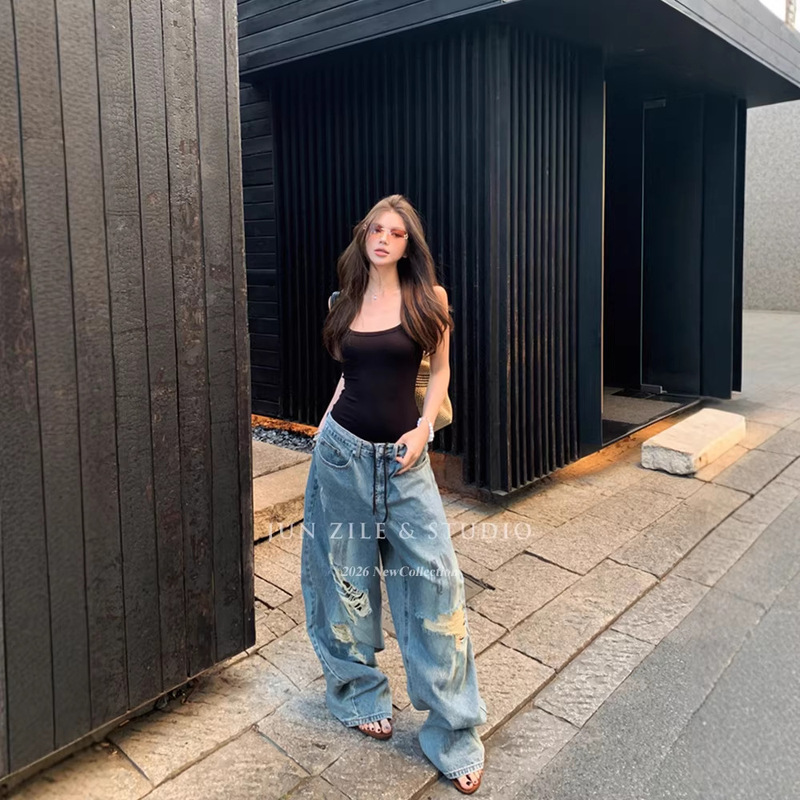 Ripped Jeans for Women, American Retro High Street Style, Mid-Low Waist, Loose Fit, Slimming Design, Straight Wide-Leg Floor-Length Pants
