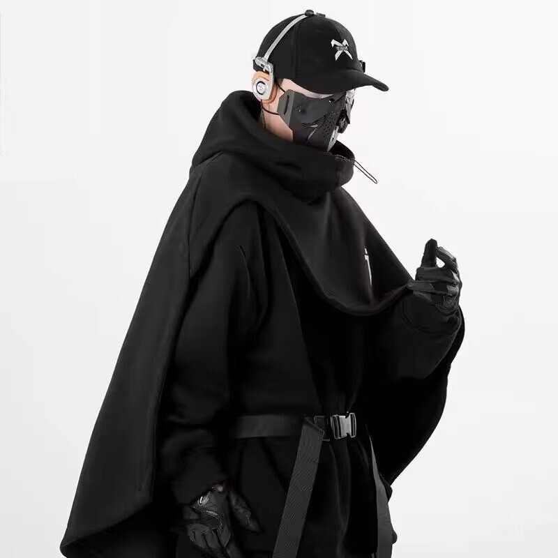 2025 Autumn New Trendy Functional Style High-Neck Cape Hoodie Unisex Hooded Faux Two-Piece Pullover Jacket