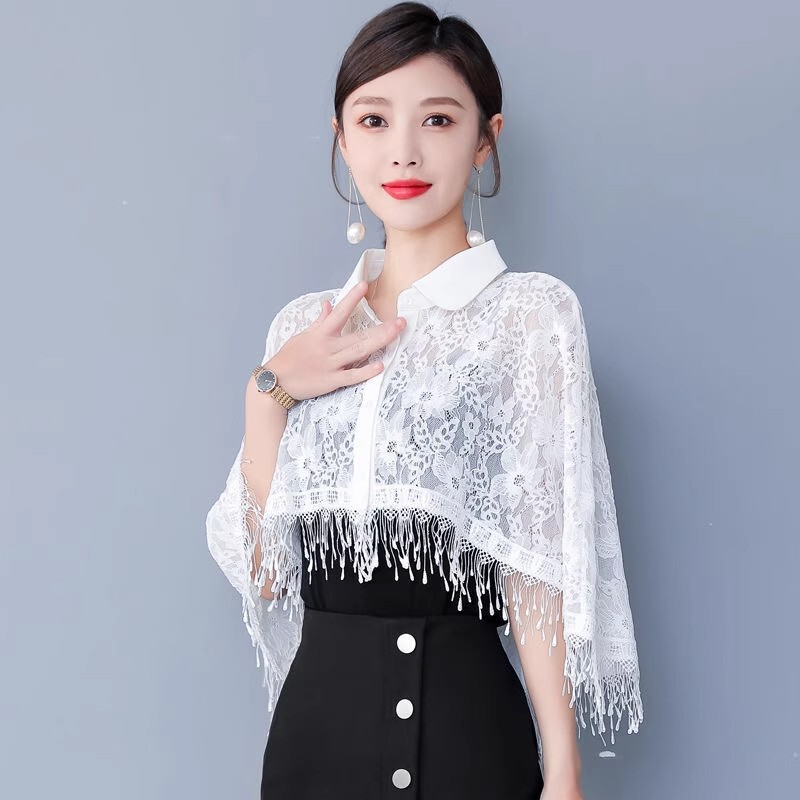 Lace Shawl with Tassels, Cardigan, Summer Skirt, Short Style, Shirt Collar, Hollow Cape, Thin Shawl Lace Shawl with Tassels, Cardigan, Summer Skirt, Short Style, Shirt Collar, Hollow Cape, Thin Shawl