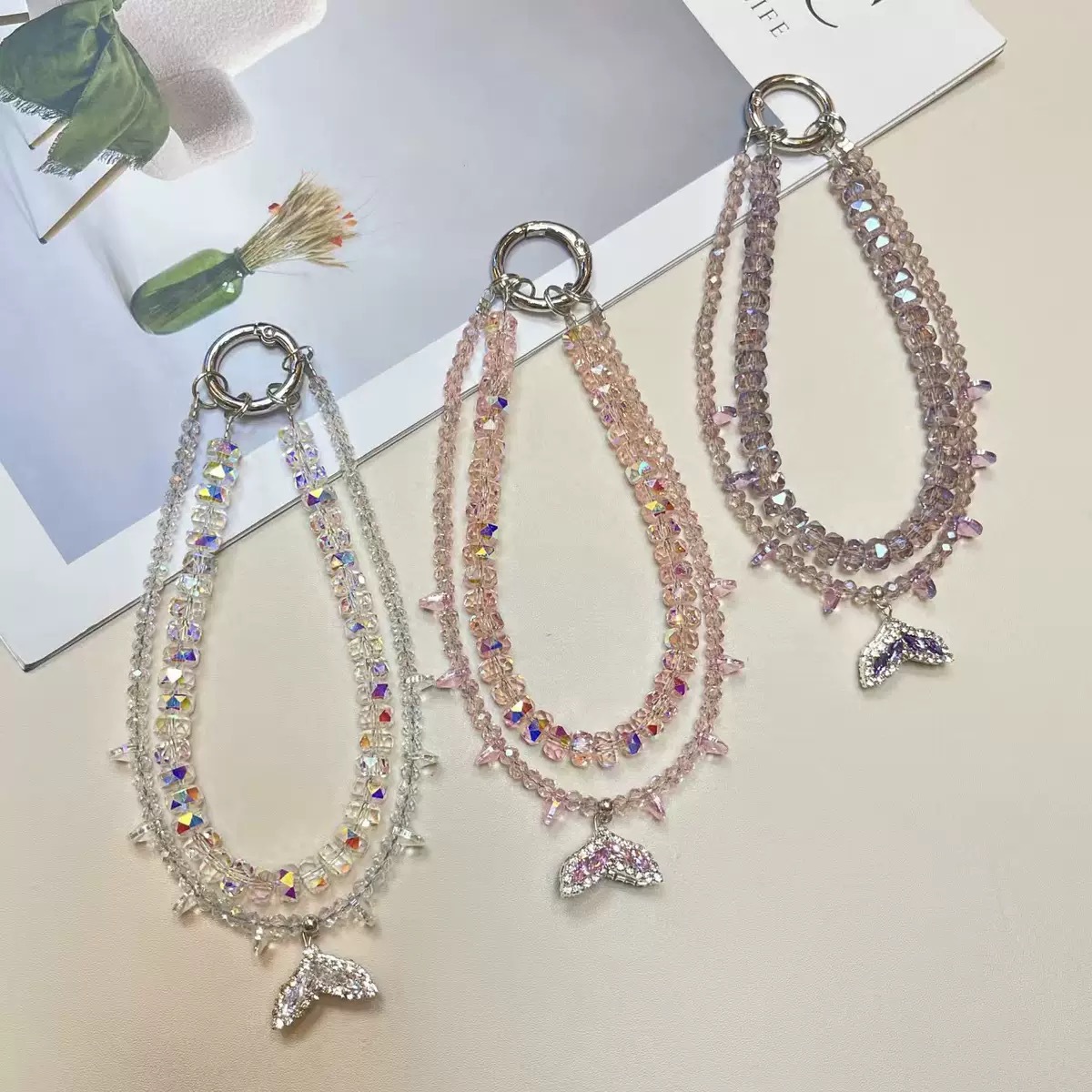 New Shiny Crystal Beaded Fishtail Pendant Mobile Phone Pendant Fashionable and Gentle Girly Double-Layer Bag Pendant