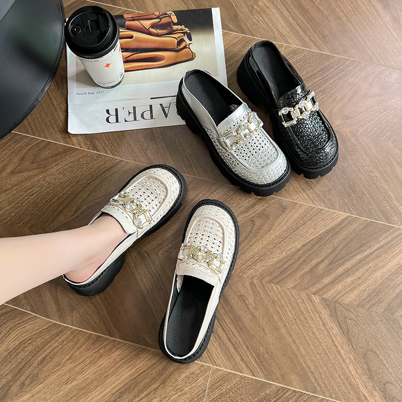 British Style Baotou Small Leather Shoes for Women Summer Breathable Mesh Shoes Thick Sole Thick Heel Slip-On Mesh Loafers