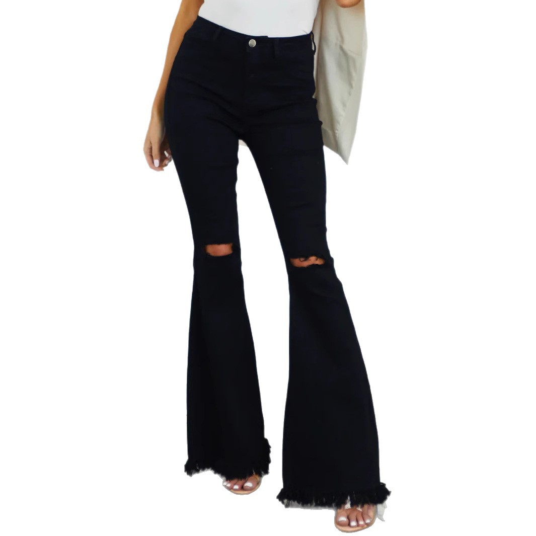Jeans Acampanados para Mujer de Mezclilla de Algodón, Alta Elasticidad y Rotos