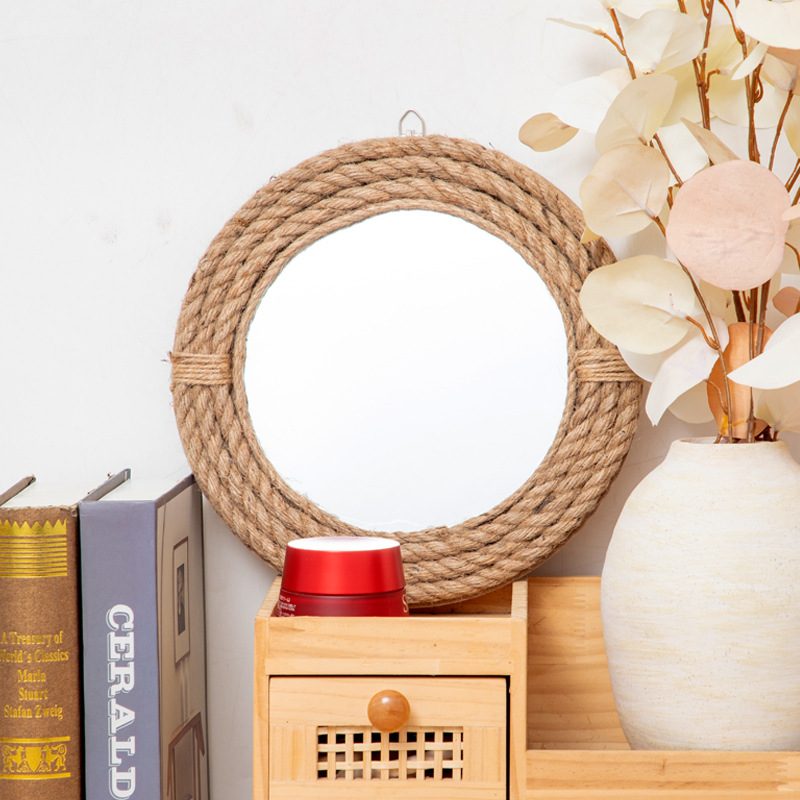 Espejo redondo de cuerda de cáñamo estilo ins casa de familia decoración de pared baño espejo colgante escritorio maquillaje espejo fotografía venta caliente transfronteriza