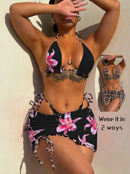 Chan Shuang's New Three-Piece Swimsuit Printed Bikini European and American Swimsuit Women's Swimsuit Double-Sided Bikini6594