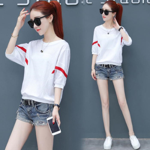 Women's Summer Loose Korean Style Casual T-Shirt with Batwing Collar and Five-Finger Sleeve