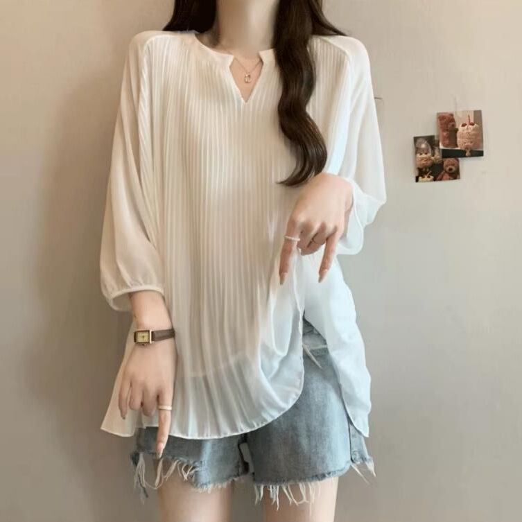 2025 New Pleated Ruffle Top Three-Quarter Sleeve T-Shirt to Cover Loose Belly Plus Size Women's Fat mm Chiffon Shirt 2025 New Pleated Ruffle Top Three-Quarter Sleeve T-Shirt to Cover Loose Belly Plus Size Women's Fat mm Chiffon Shirt
