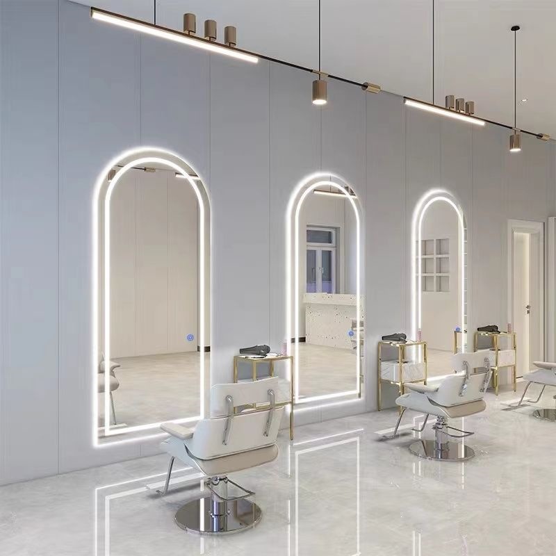Barbería espejo salón especial barbería escaldar y teñir espejo con lámpara LED elíptica pared colgante suelo espejo de corte de pelo de lujo ligero