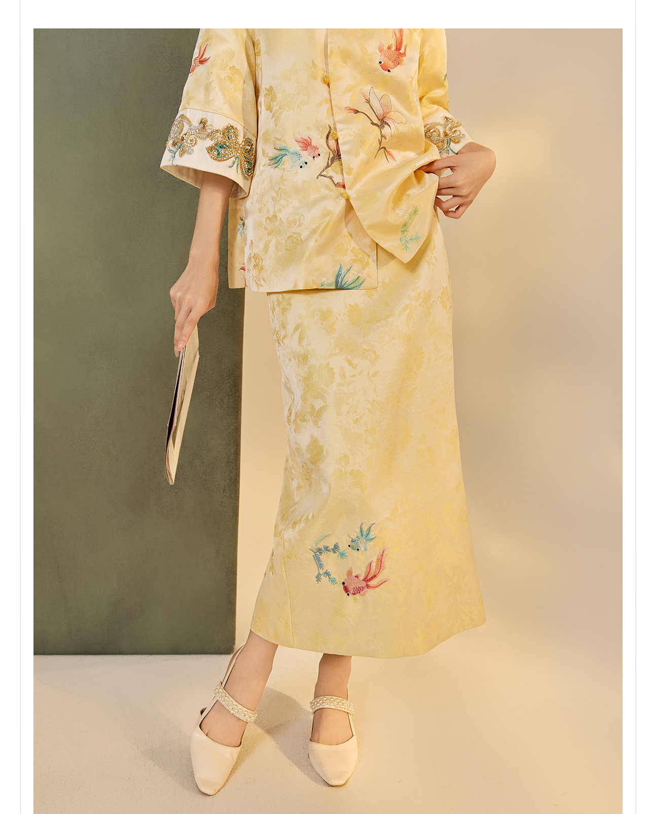 Bộ áo váy satin thêu jacquard cổ tròn phong cách Trung Hoa N6026 — áo, váy chi tiết 16
